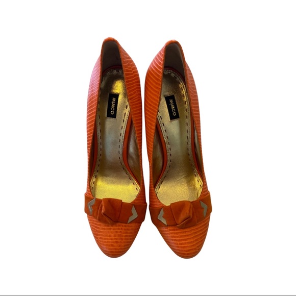 Mimco orange Size 41 leather platform heels with velvet and metal bow - new - Picture 2 of 4